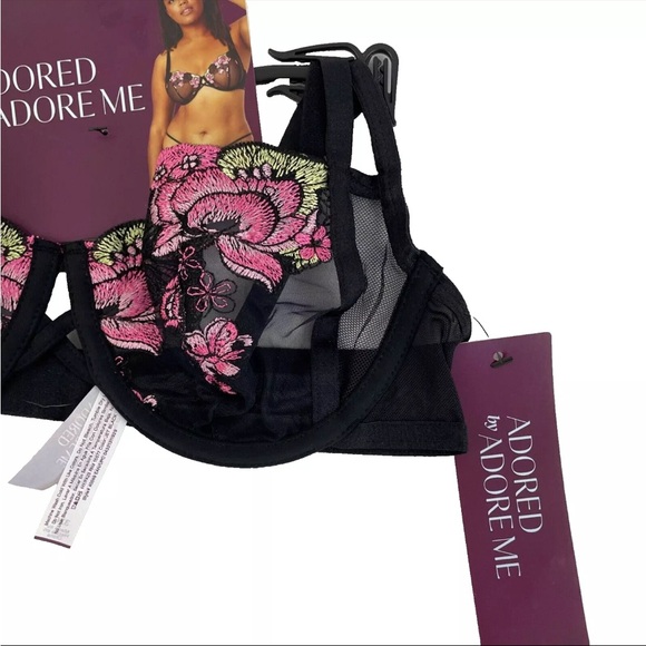 Adored by Adore Me Jamilla 32C Black Unlined Underwire Mesh Embroidered Bra - Picture 3 of 6